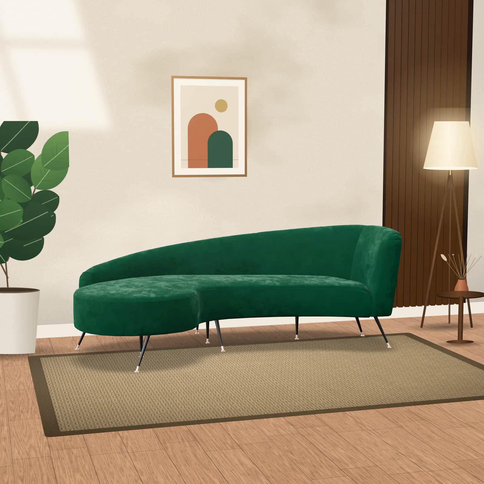 Green velvet sofa in a warm living room with a floor lamp and a plant