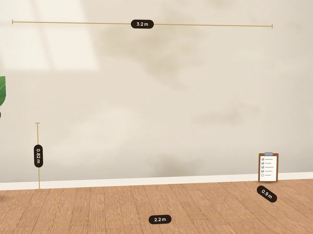 A bedroom wall measured for a made-to-measure piece