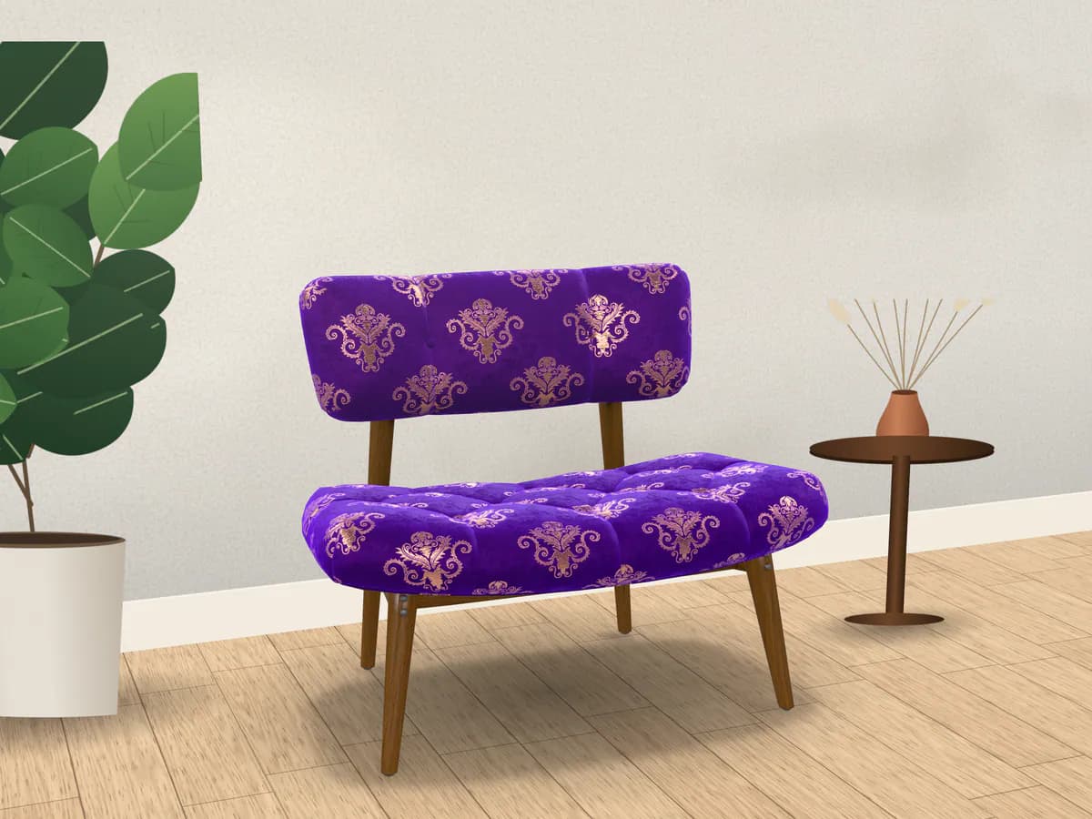 A restored damask chair with refinished wooden legs