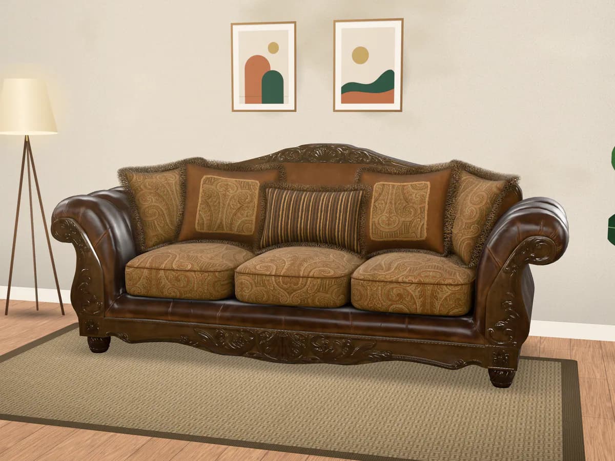 A carved wooden sofa frame with a fresh walnut polish
